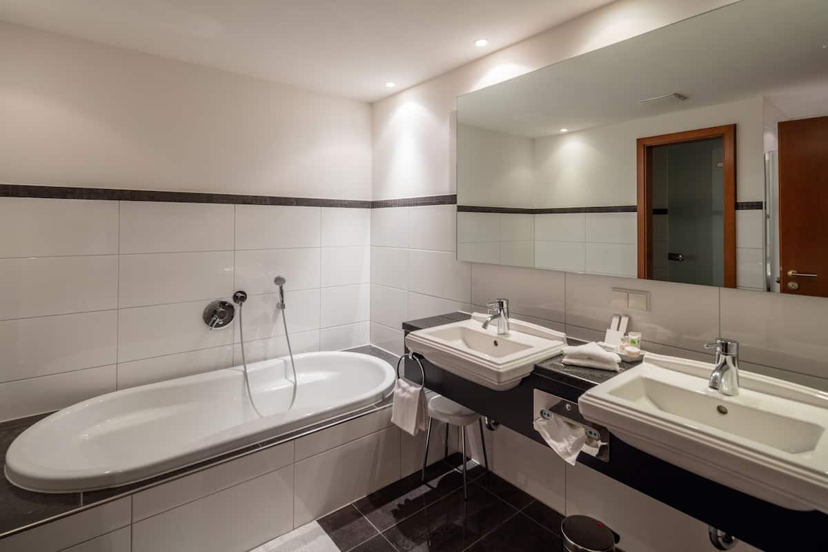 deep-soaking bathtub, free toiletries, hair dryer, bathrobes