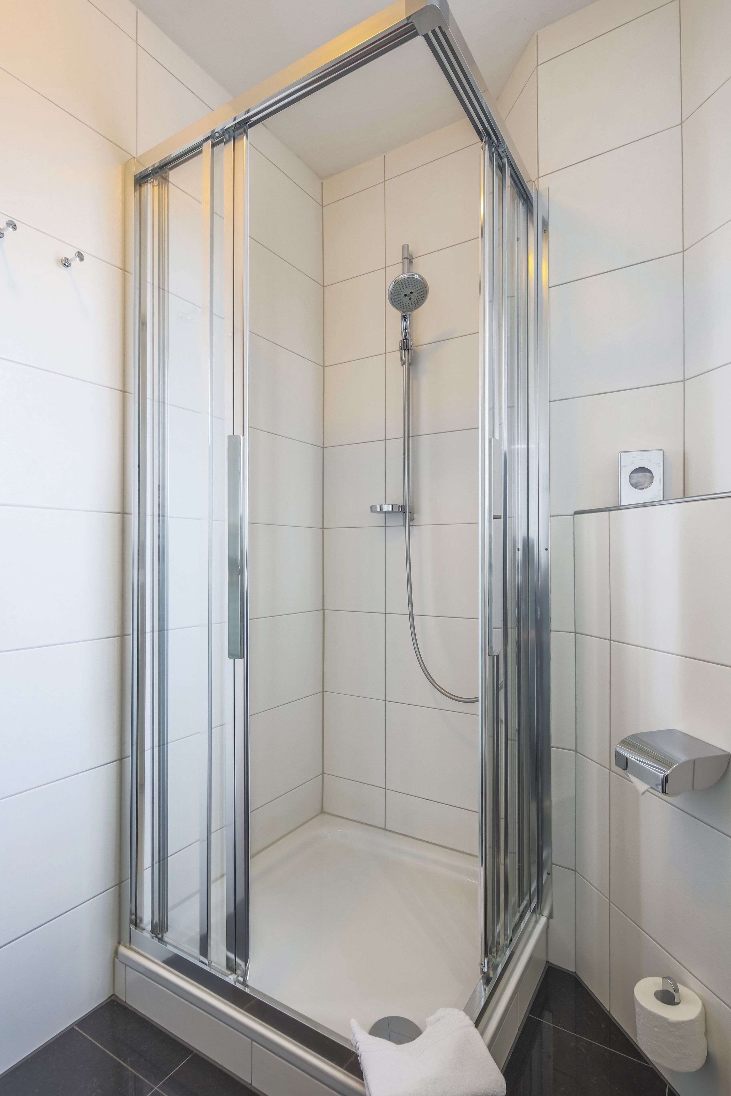 A glass-enclosed shower stall with a handheld showerhead and a wall-mounted toilet paper dispenser.
