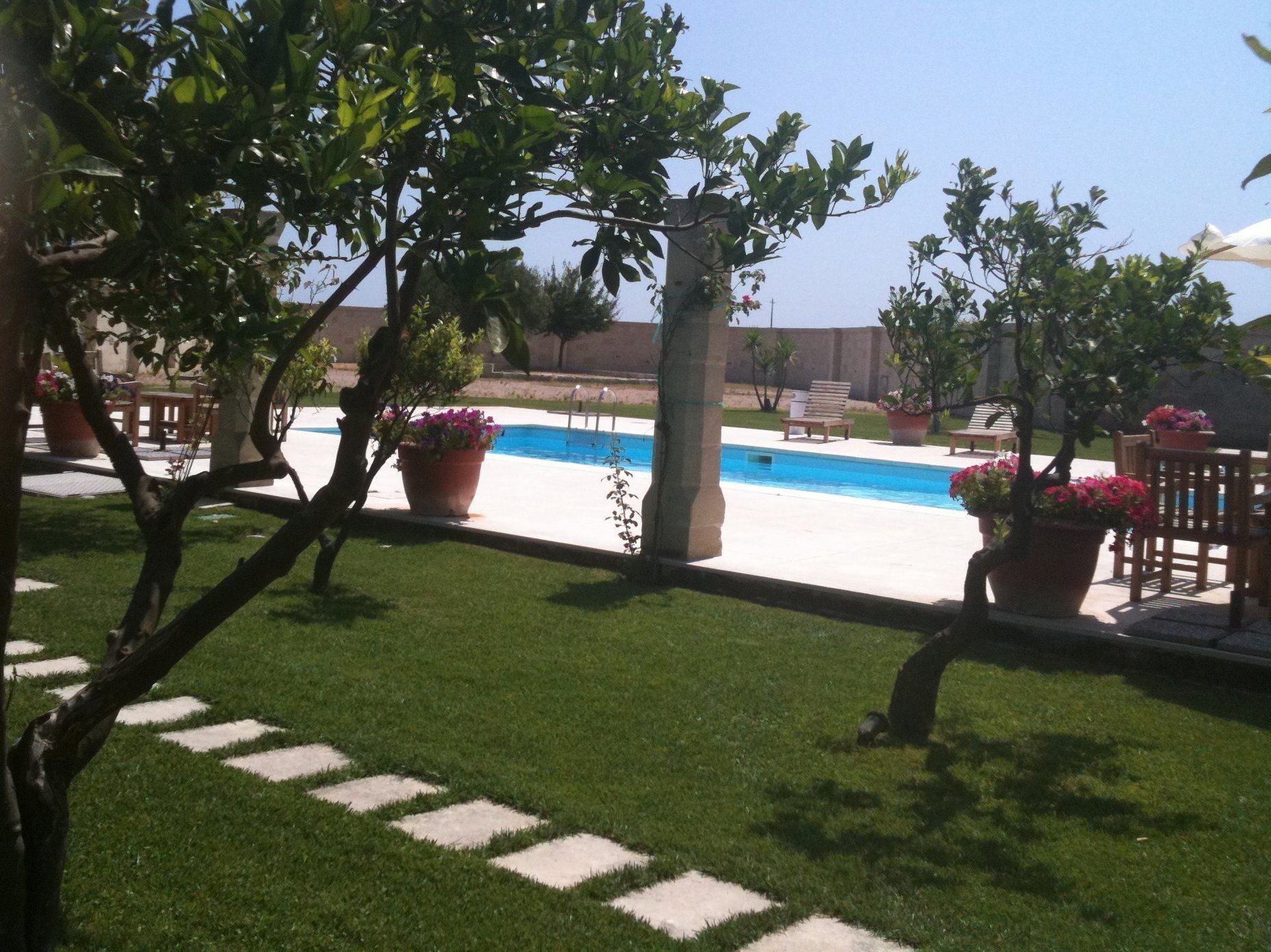 A swimming pool surrounded by potted plants and outdoor furniture.