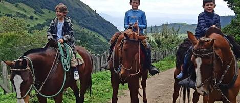Three people riding horses on a dirt path with a mountainous backdrop.