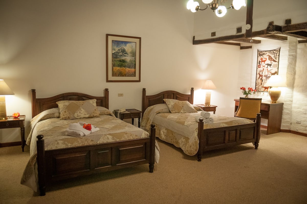 A hotel room with two wooden beds, a painting on the wall, and a decorative tapestry.