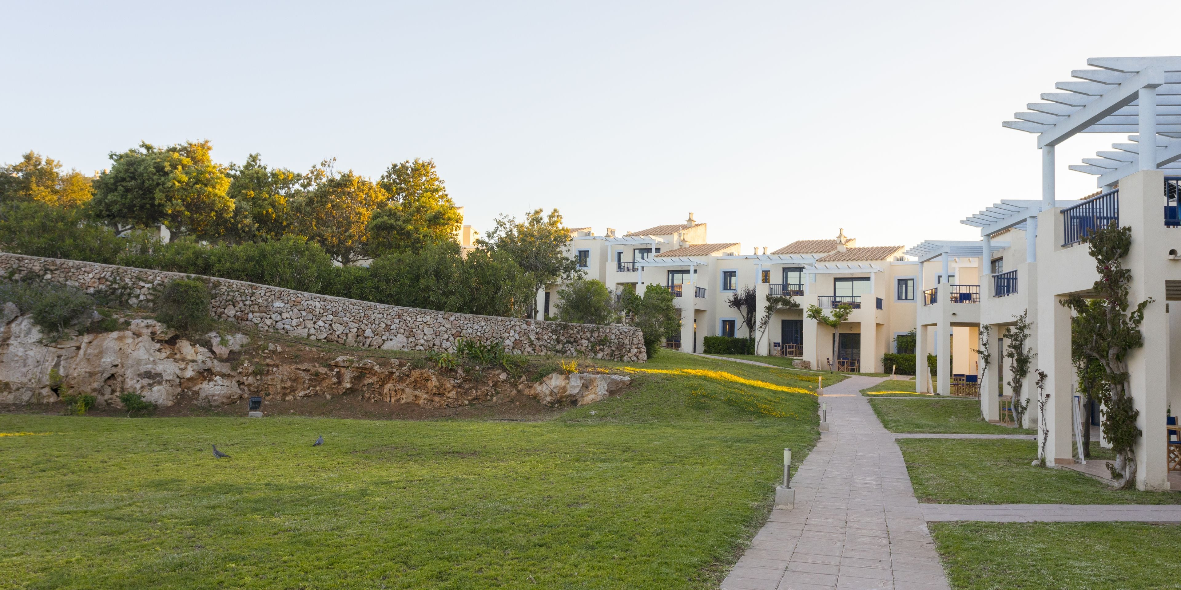 A pathway leading to a row of modern, white buildings with balconies, surrounded by greenery and a stone retaining wall.