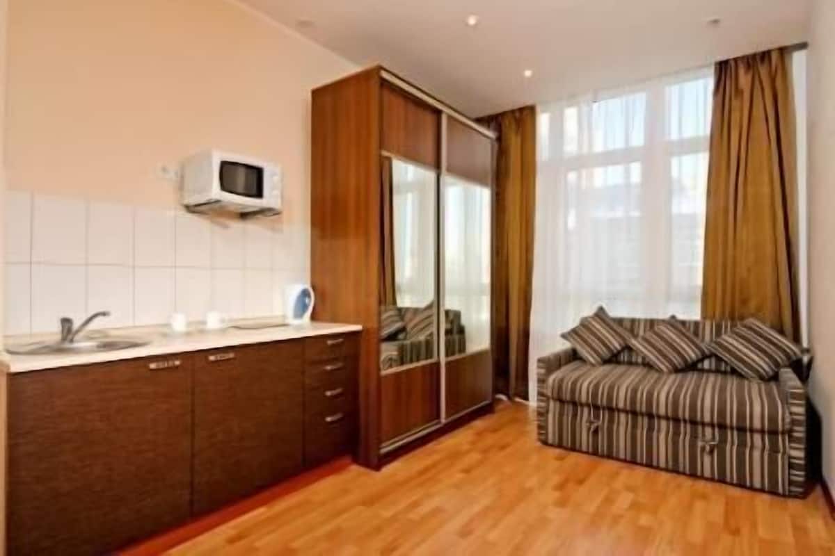 A compact living space with a kitchenette, a sofa, and a large window with curtains.