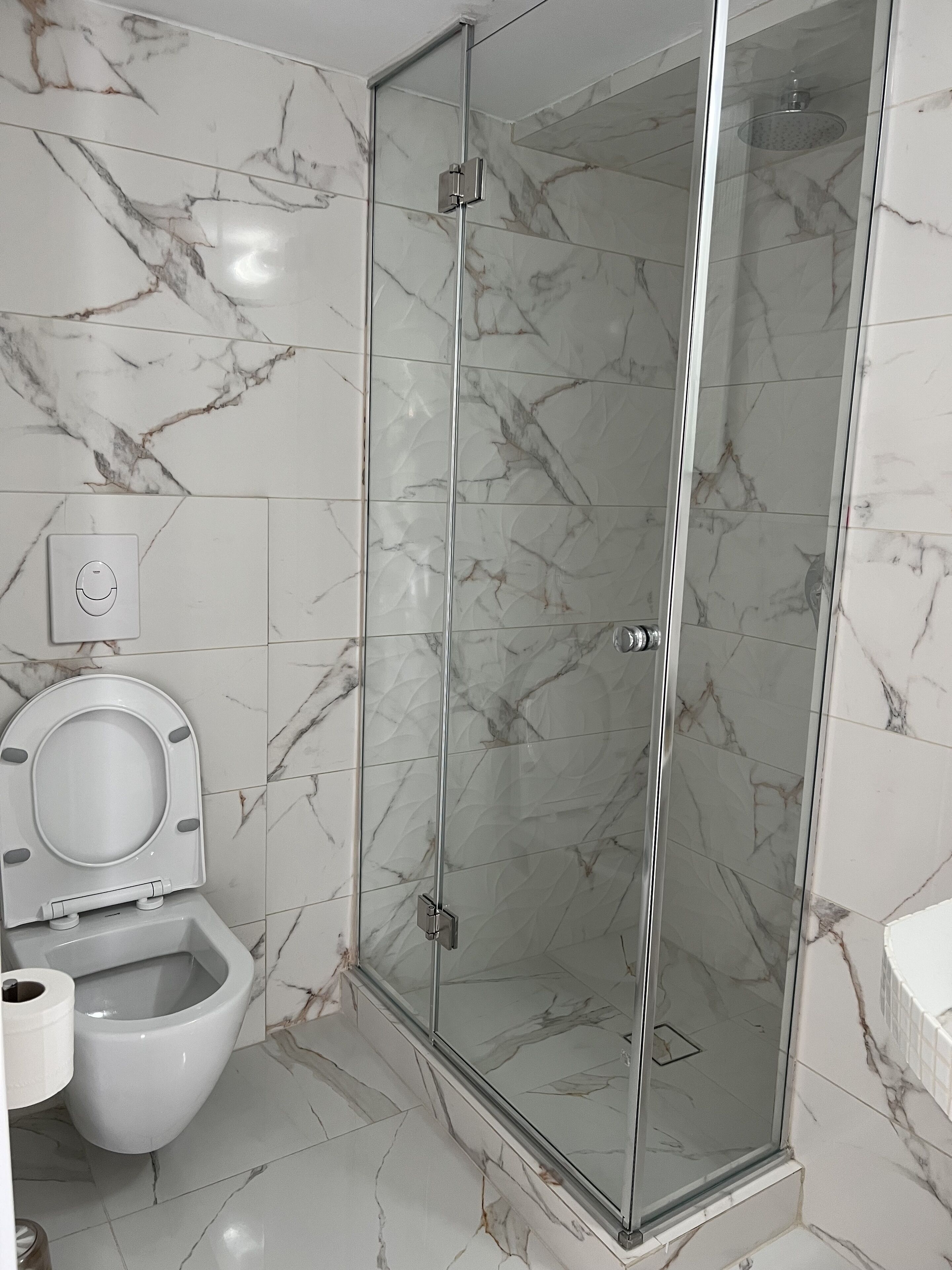 Un baño con ducha de vidrio, inodoro y bidé.