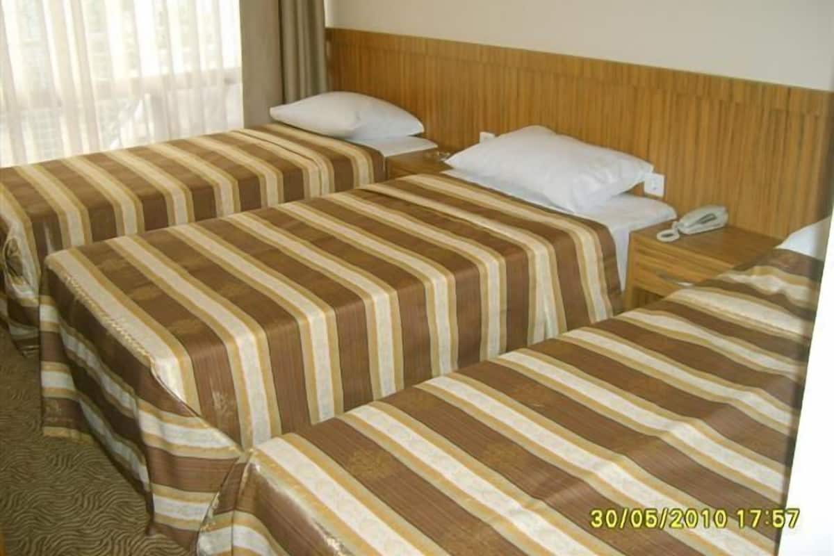 A hotel room with two single beds, each with striped bedding and a wooden headboard.