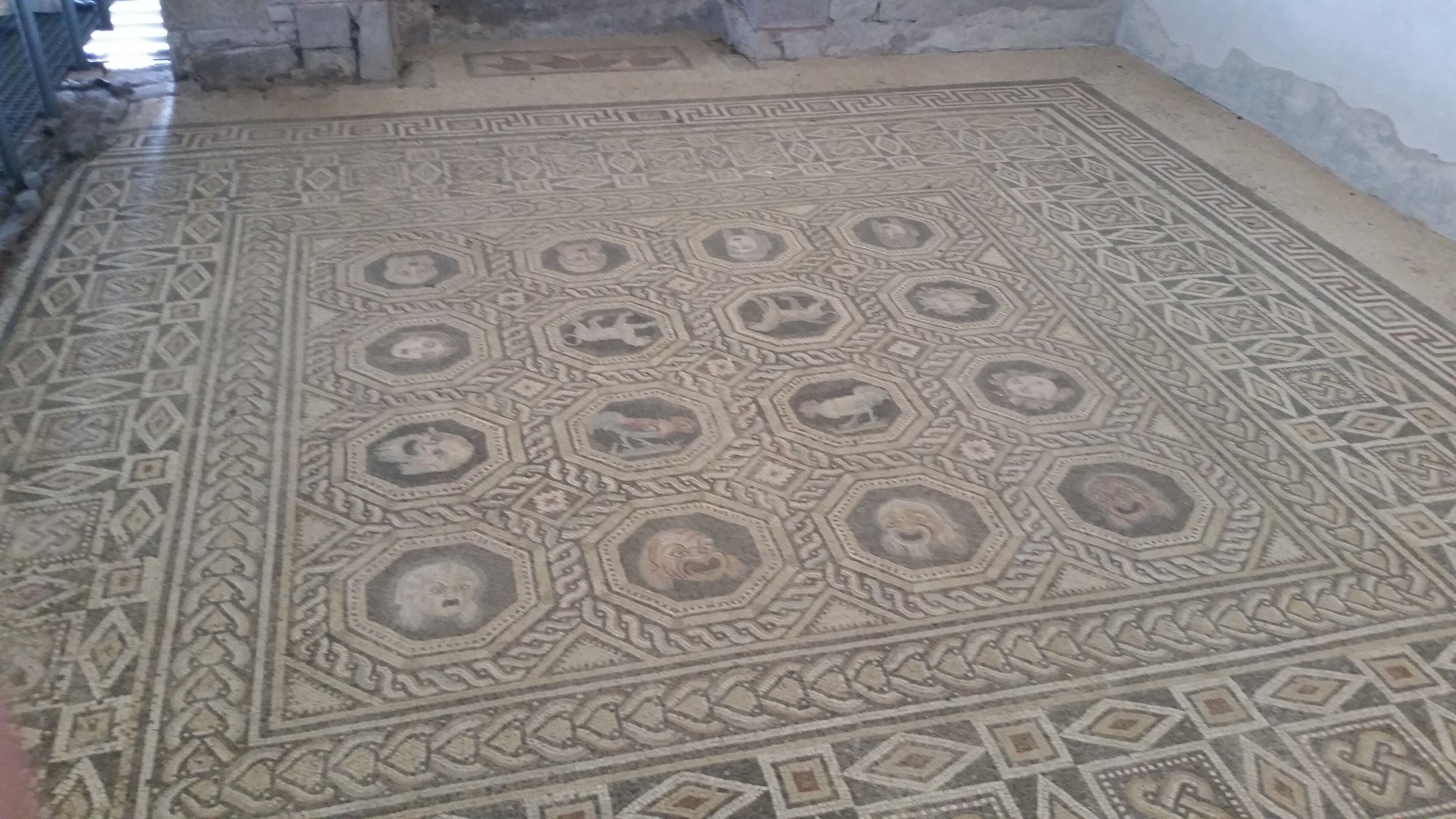 A detailed mosaic floor with geometric and floral patterns.