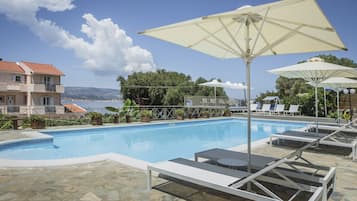 Seasonal outdoor pool, open 9:00 AM to 8:00 PM, pool umbrellas