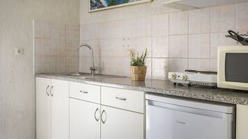 A kitchen with white cabinets, a granite countertop, a built-in dishwasher, a microwave, and a small potted plant.