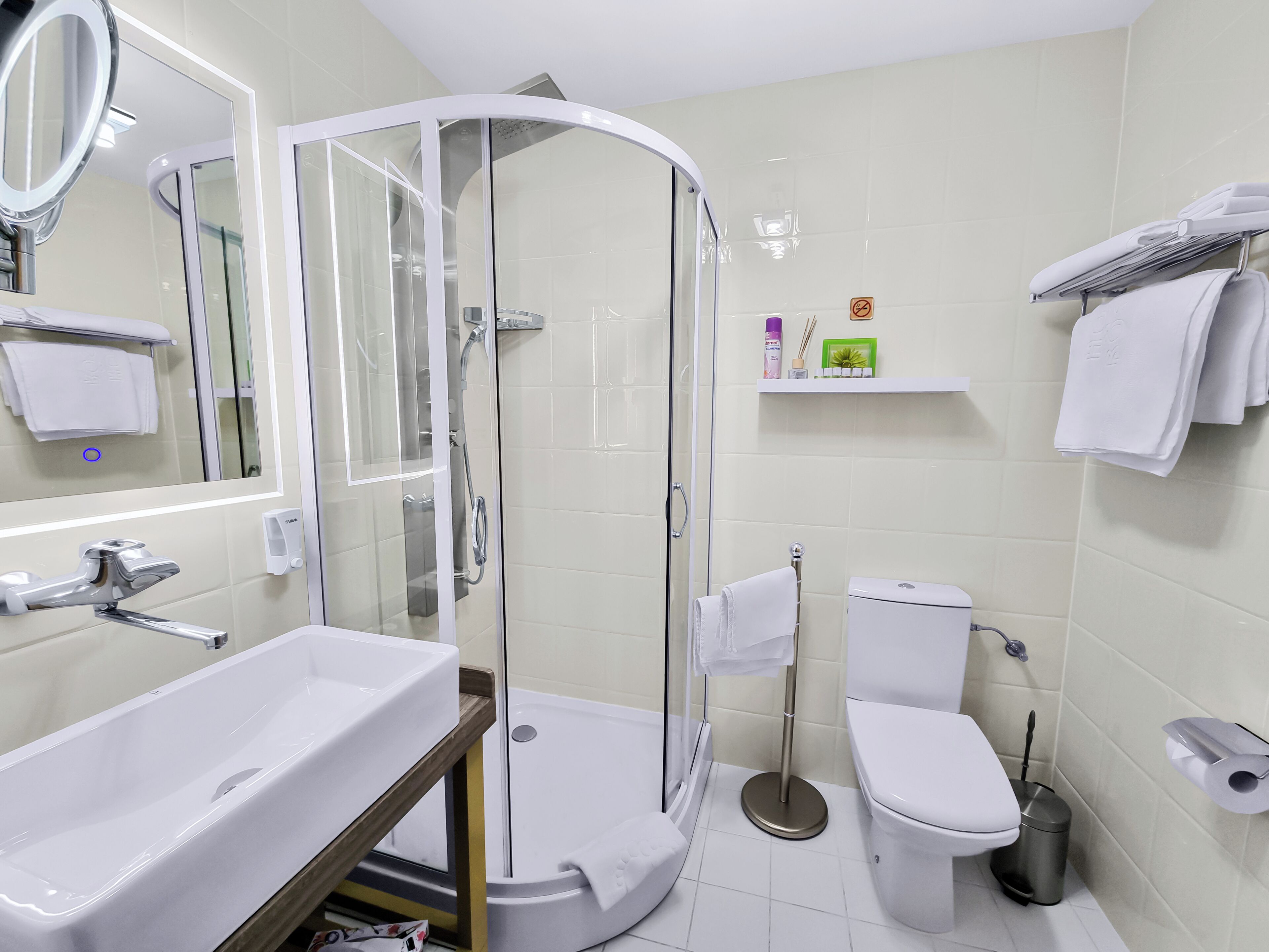 Ein modernes Badezimmer mit einer einteiligen Duschkabine, einem weißen Waschbecken, einer Toilette und einem Ablagefach für Toilettenartikel.