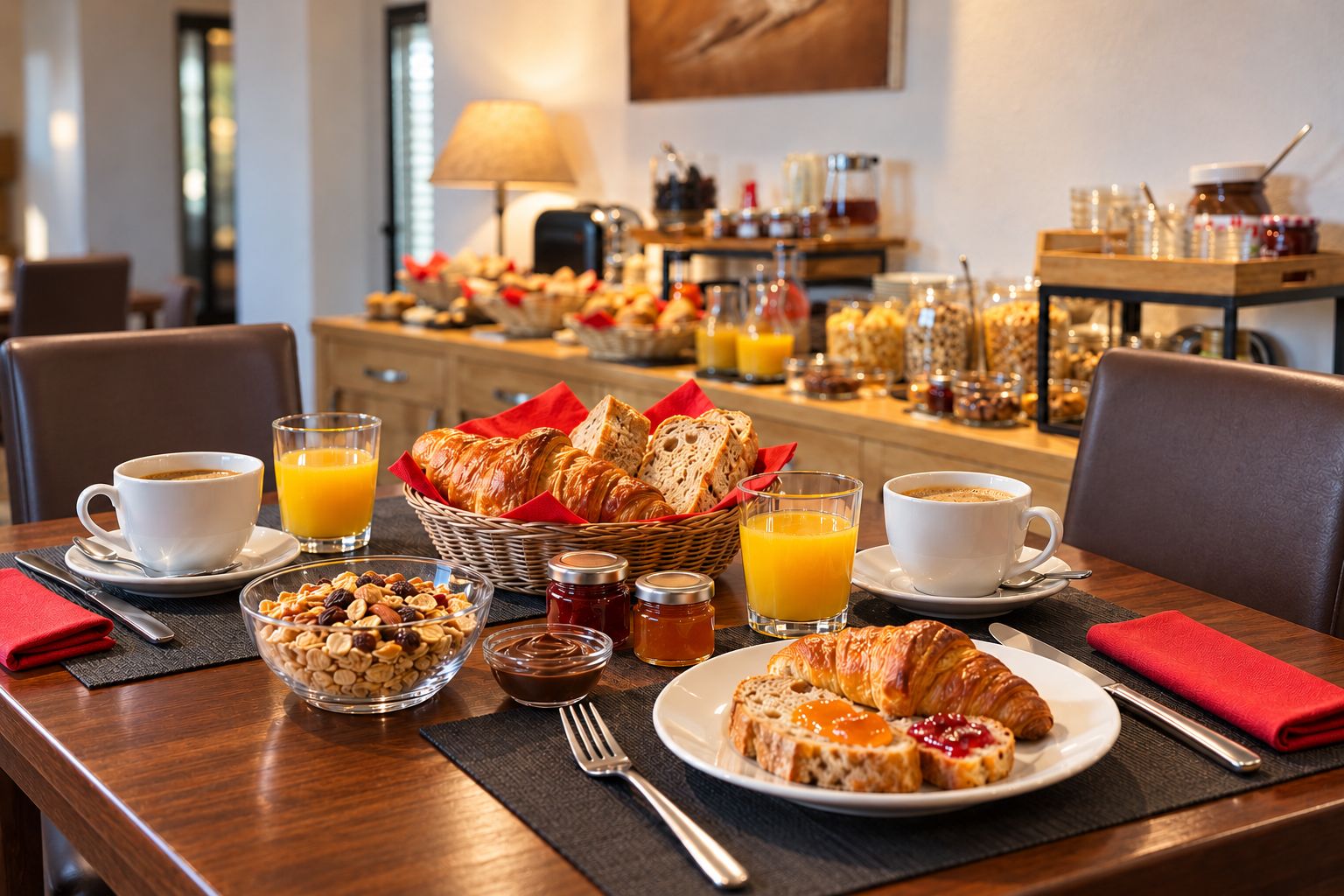 A breakfast setting with croissants, orange juice, and coffee on a wooden table.