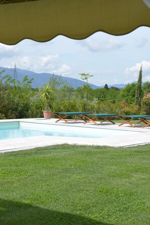 Outdoor pool, pool umbrellas, pool loungers