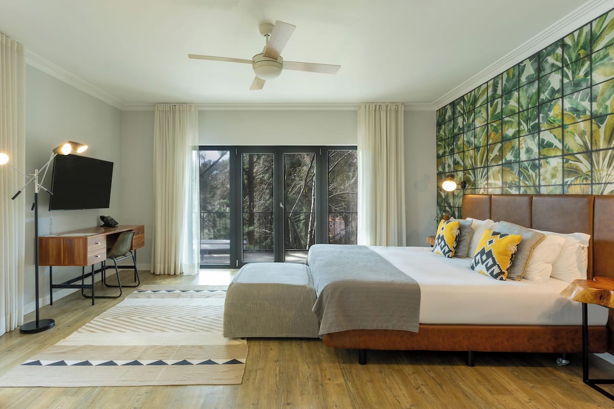 Un dormitorio moderno con una cama grande, un escritorio, una silla, un televisor y vistas a árboles por la ventana.