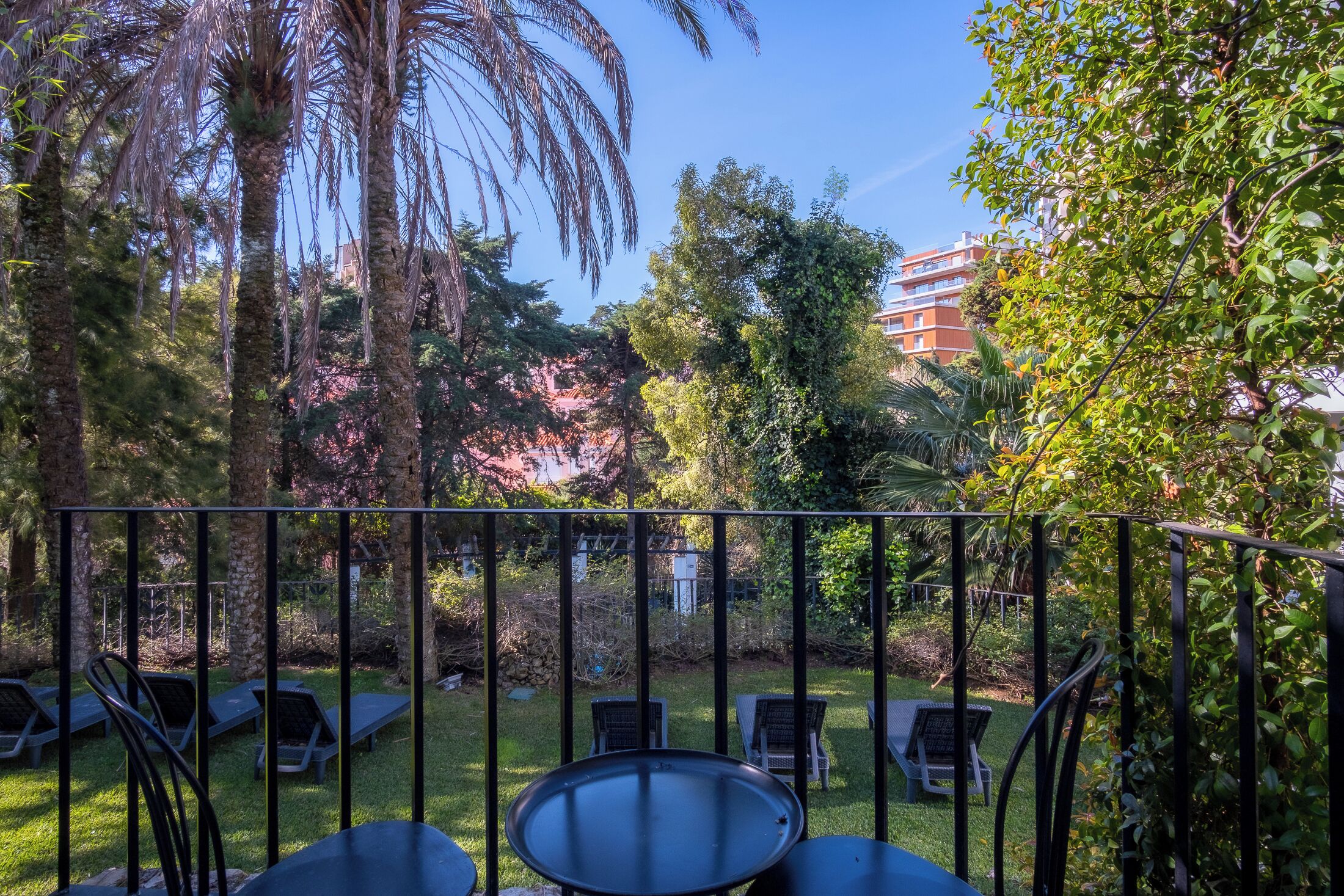 Un balcón con vista a un jardín, con palmeras y un edificio al fondo.