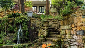 Una escalera de piedra conduce a un balcón con abundante follaje y una cascada.
