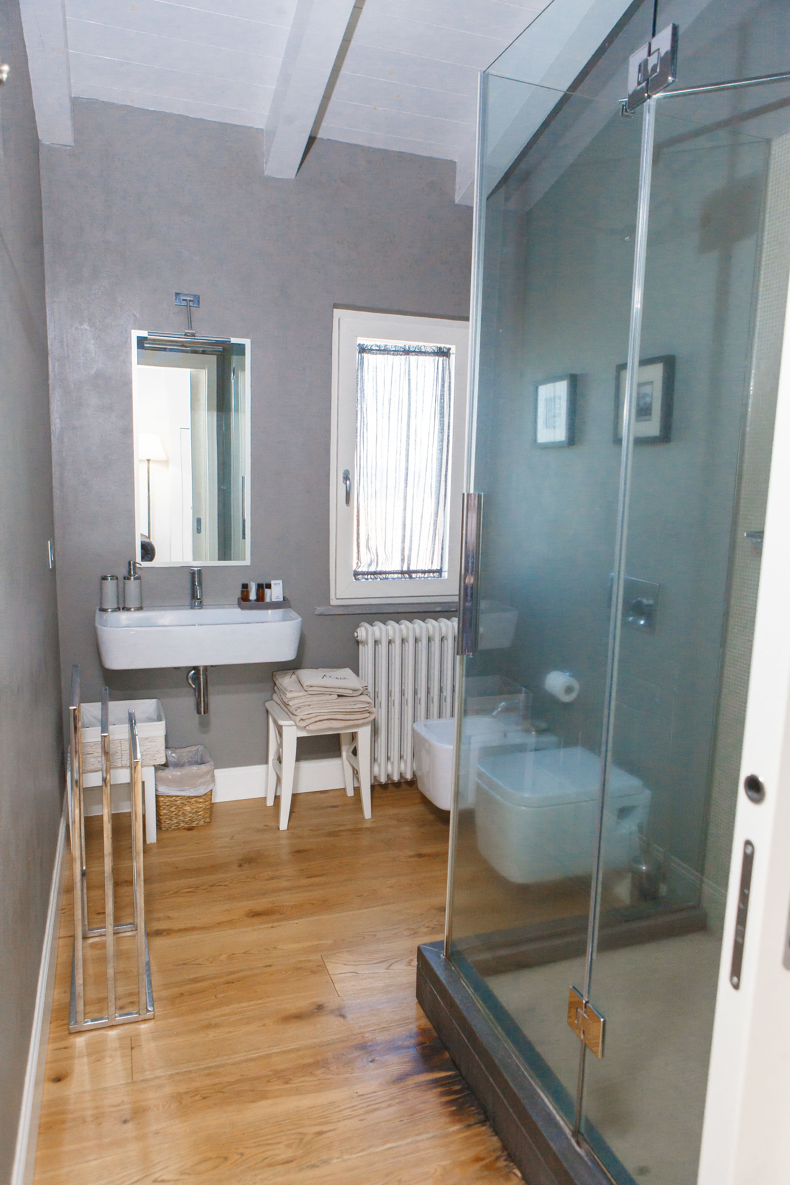Un baño con ducha de vidrio, un lavabo con espejo y un radiador.