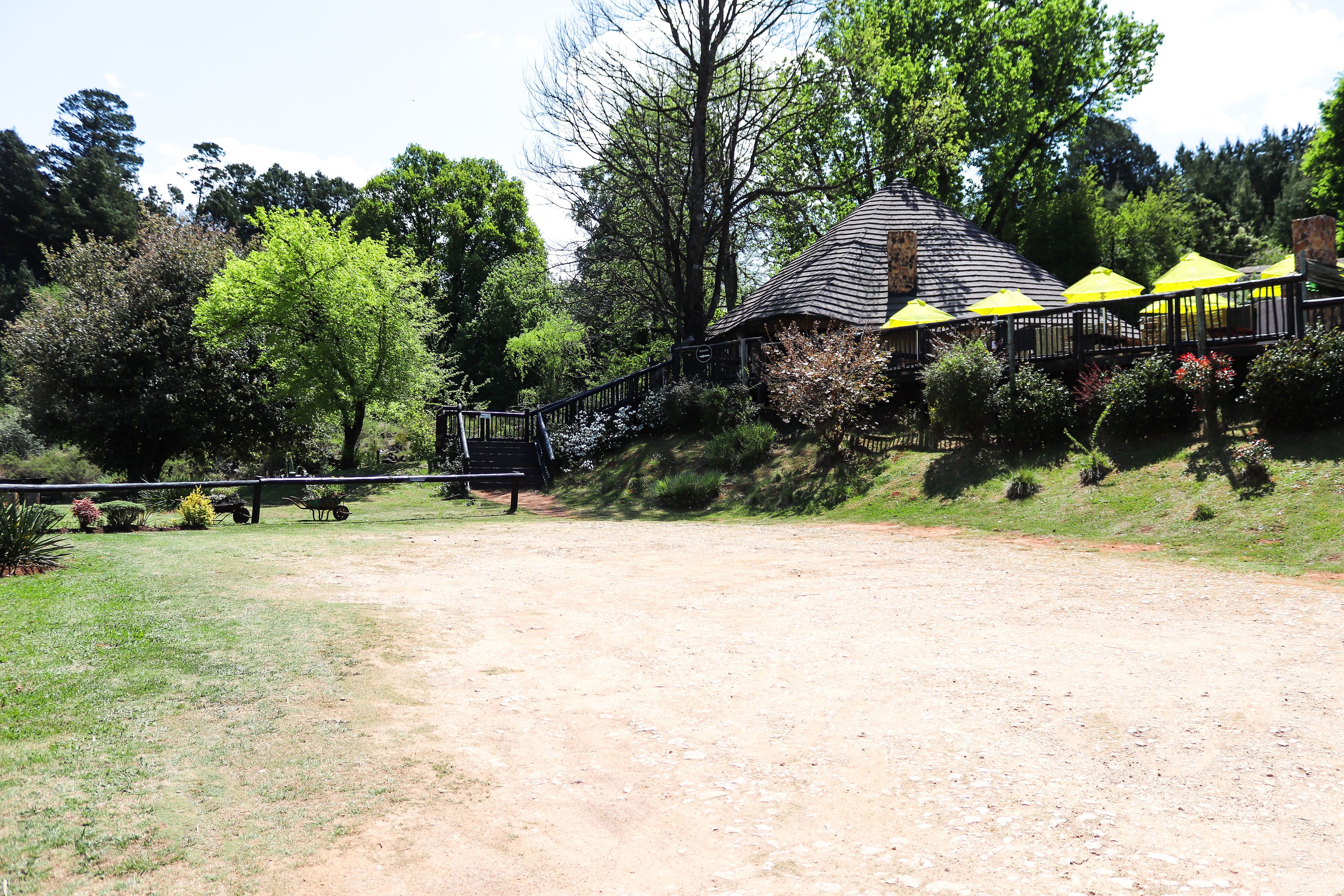 A rustic building with a thatched roof, surrounded by lush greenery and a dirt path.
