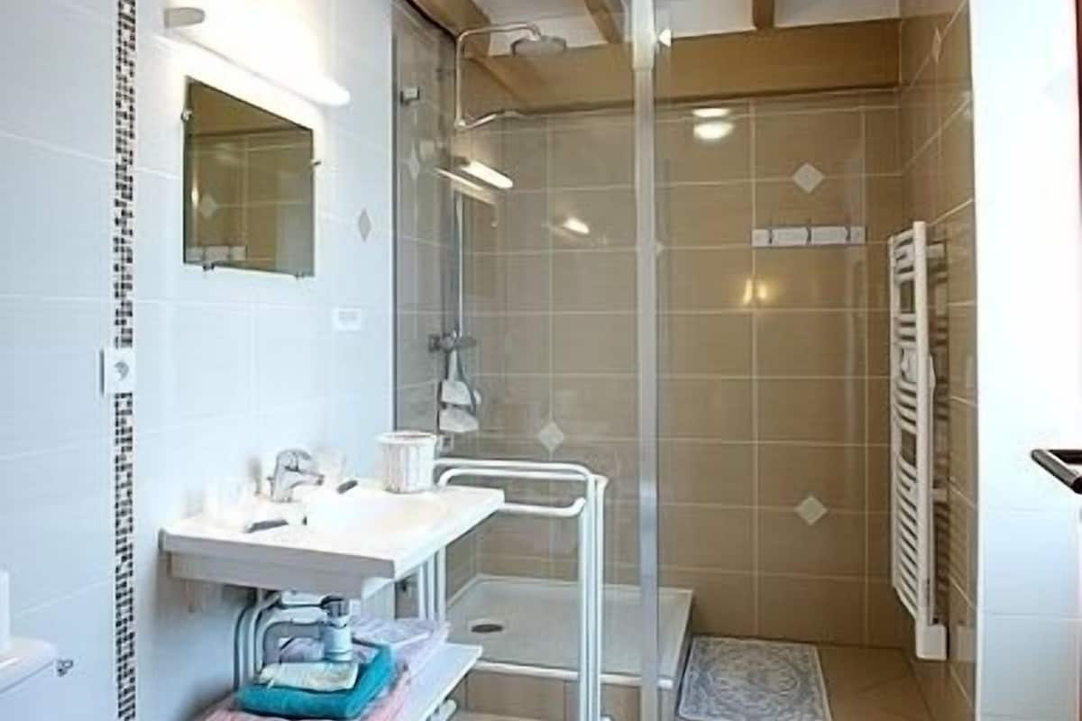 A modern bathroom with a glass shower enclosure, a white sink with a mirror above it, and a towel rack.