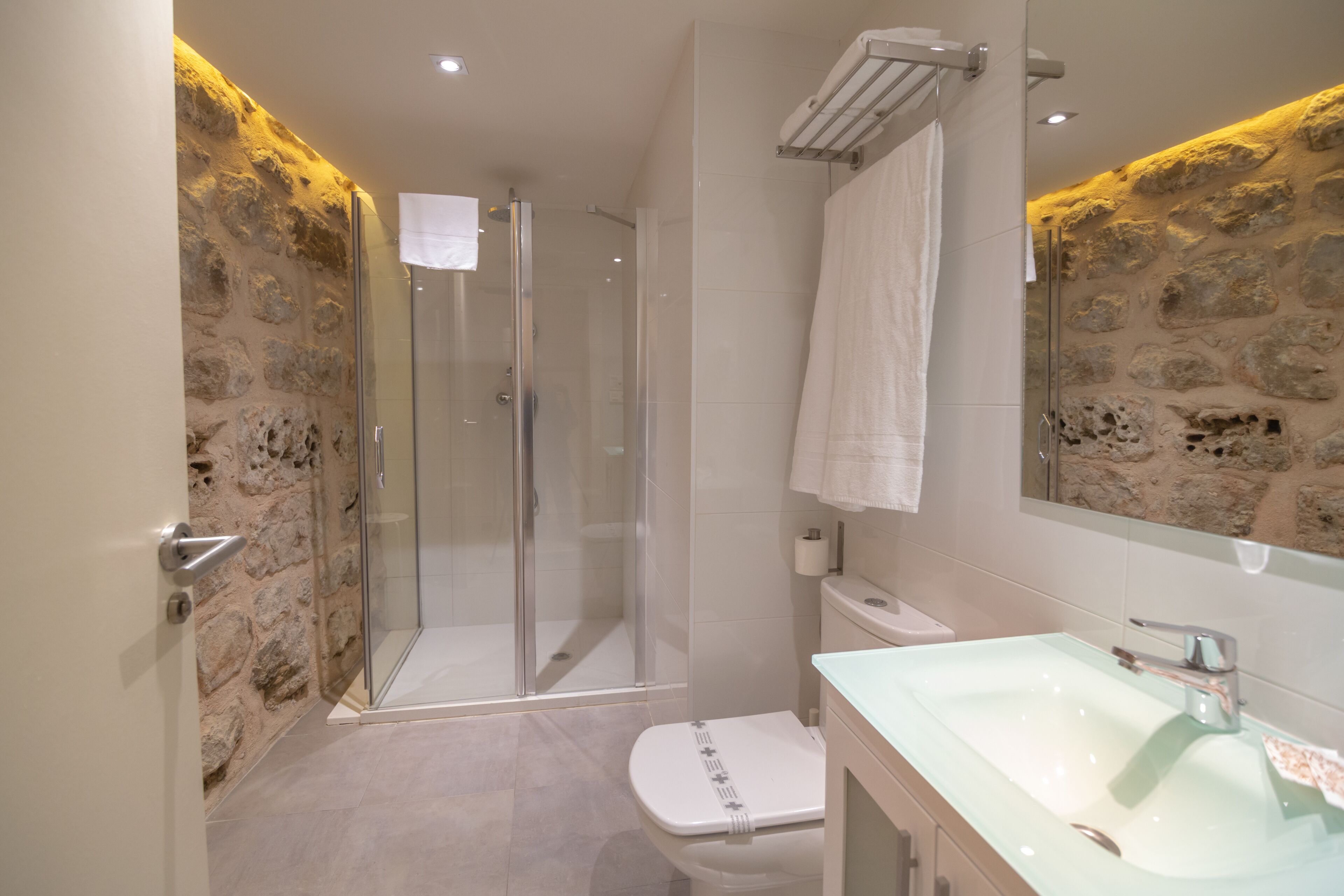 A bathroom with a glass-enclosed shower, a white toilet, and a sink with a mirror above it.
