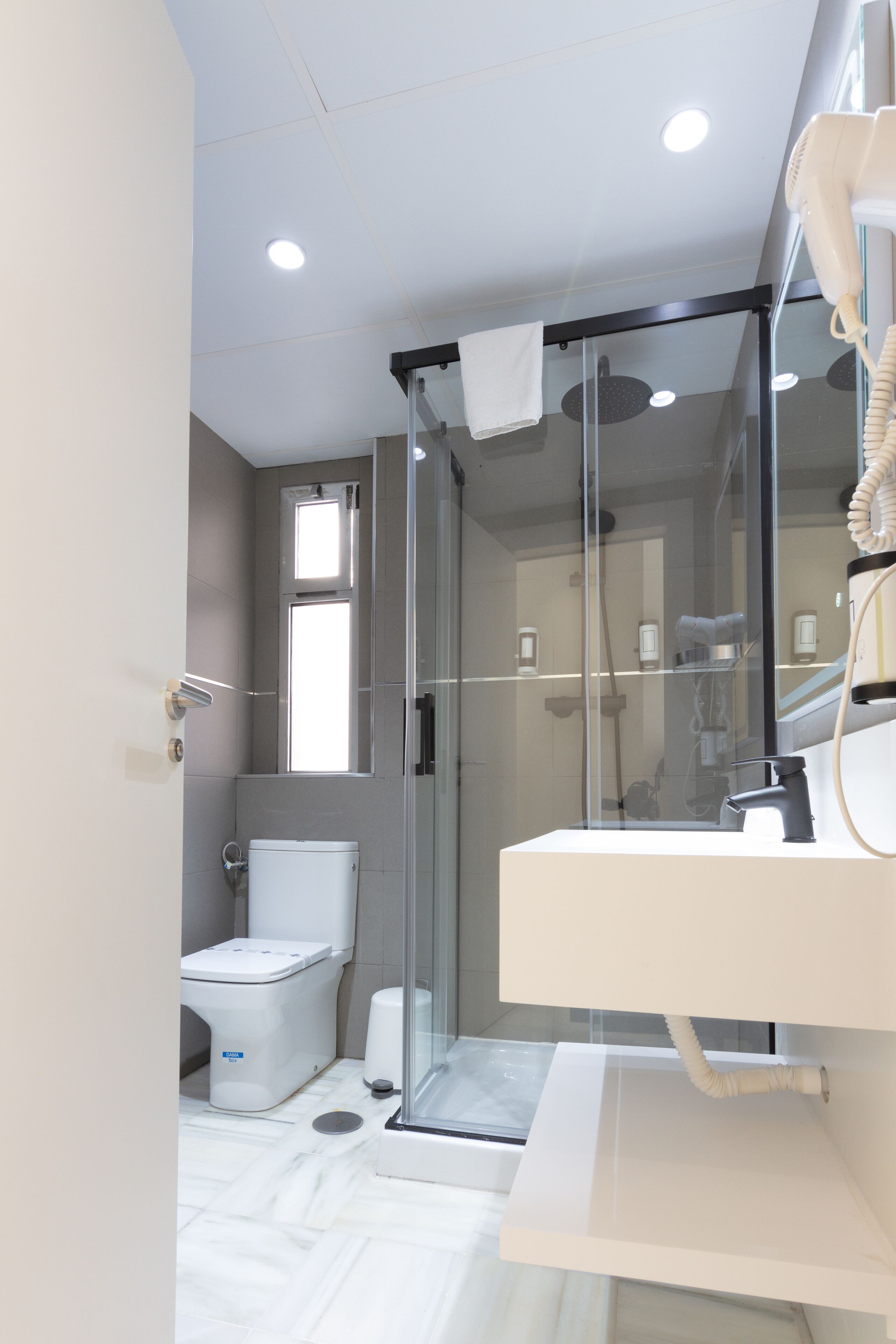 A modern bathroom with a glass shower enclosure, a toilet, and a sink with a hairdryer.