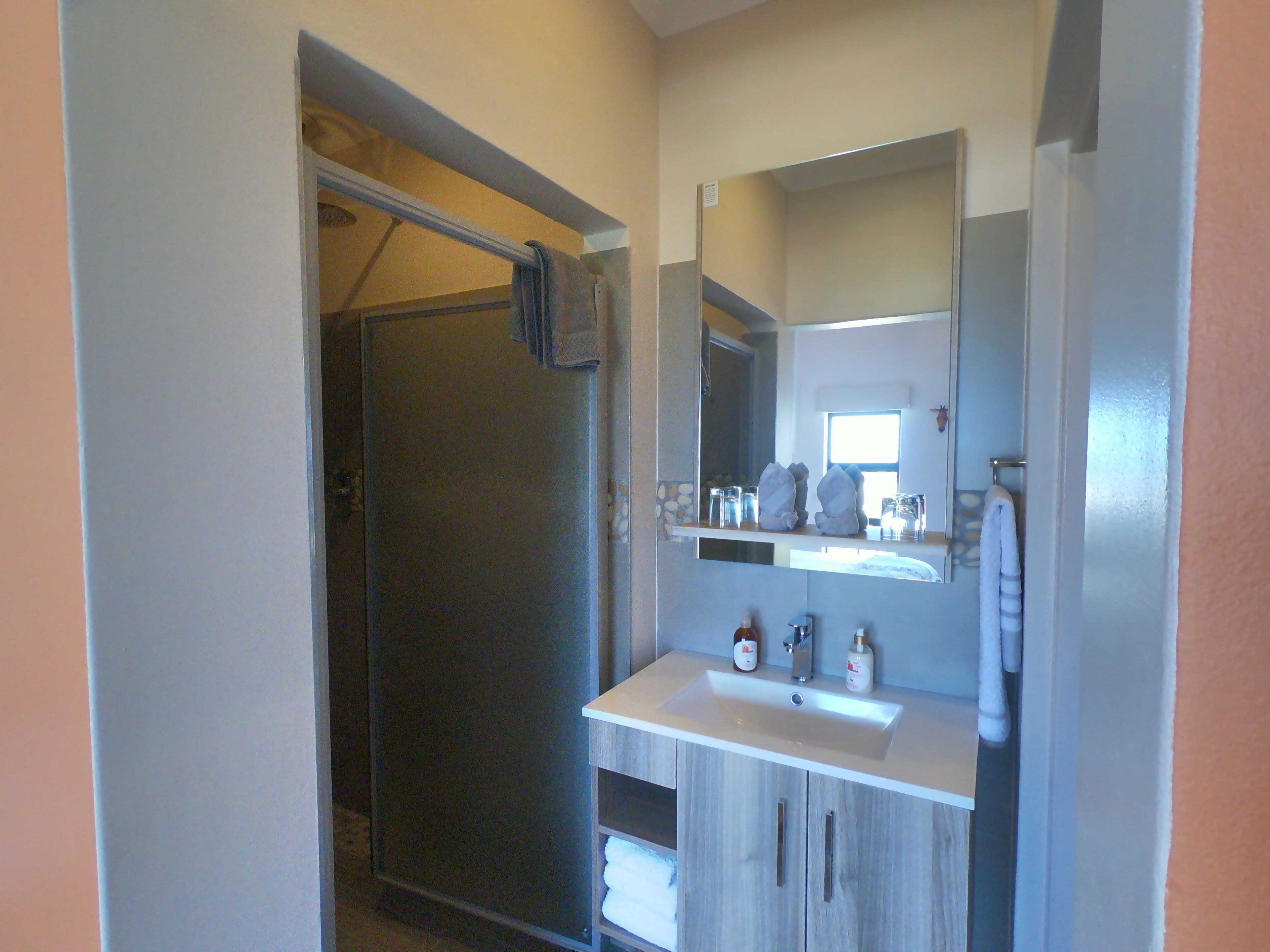 Un bagno con doccia, lavandino e specchio.