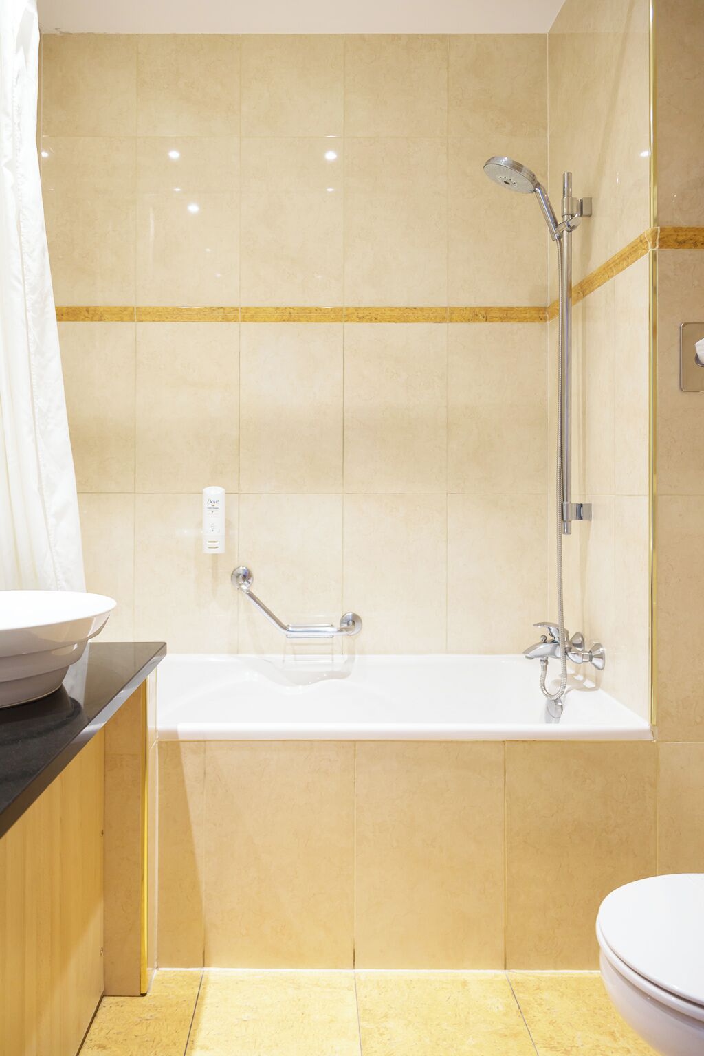 Une salle de bain moderne équipée d’une baignoire, d’une douche et de toilettes.