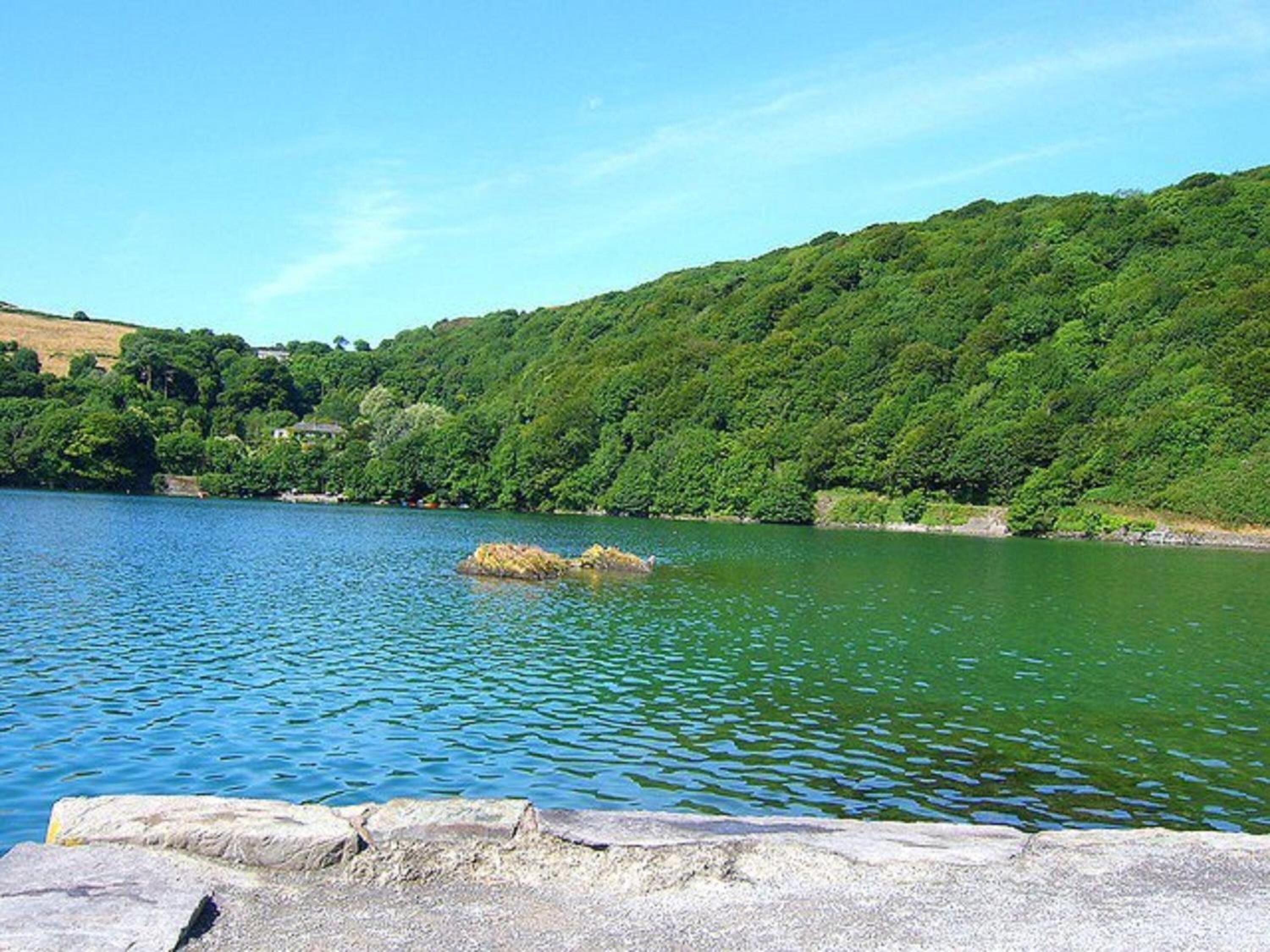 A calm lake with a small island in the center, surrounded by lush green hills and a clear sky.