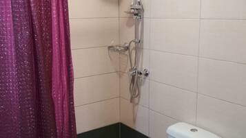 A bathroom with a shower, toilet, and a shower curtain.