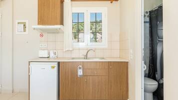 Cocina compacta con refrigerador, lavamanos y armarios de madera.