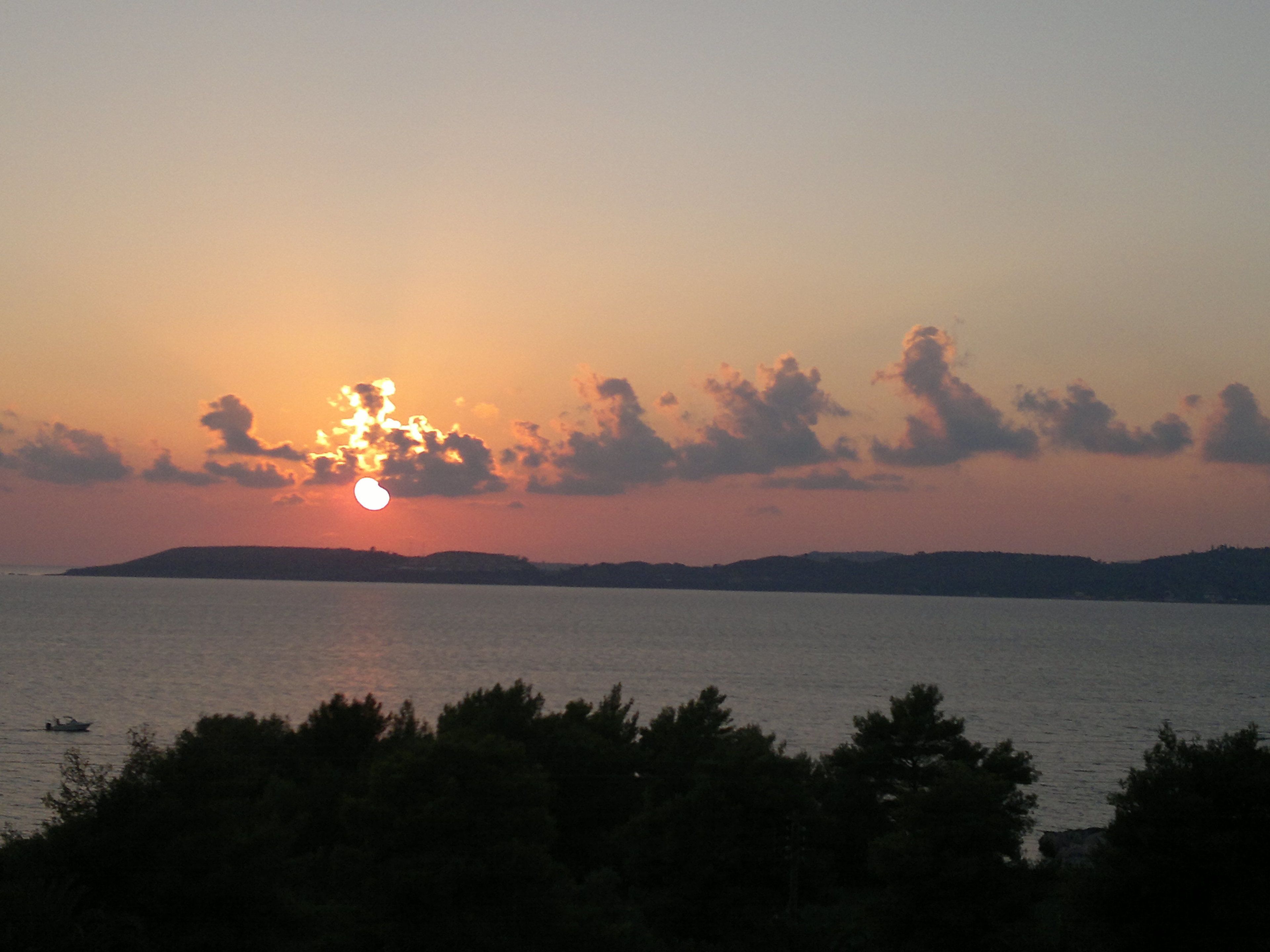 Ein Sonnenuntergang über einem Gewässer, im Vordergrund die Silhouette von Bäumen.