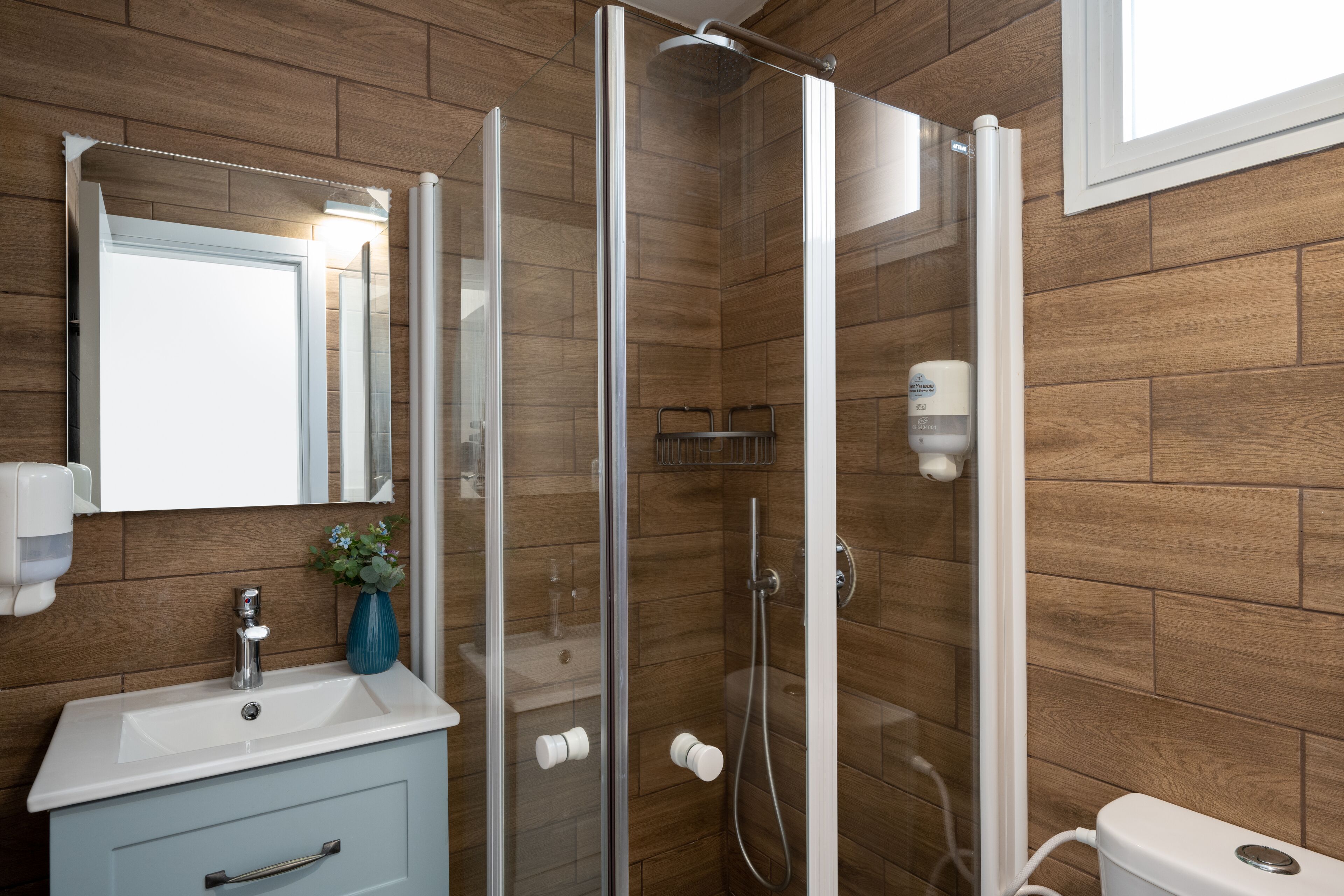 Shower, free toiletries, towels