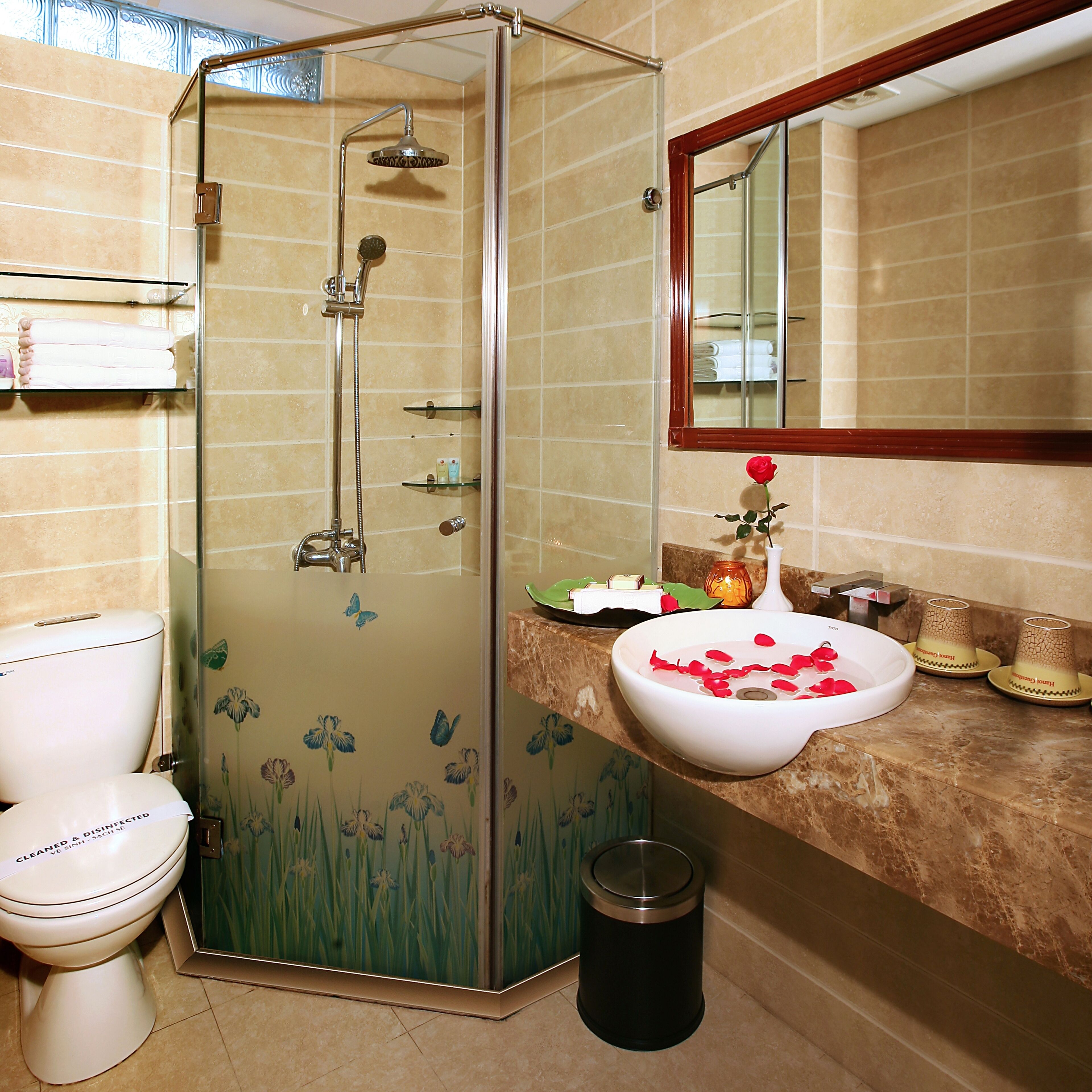 free toiletries, hair dryer, slippers, towels