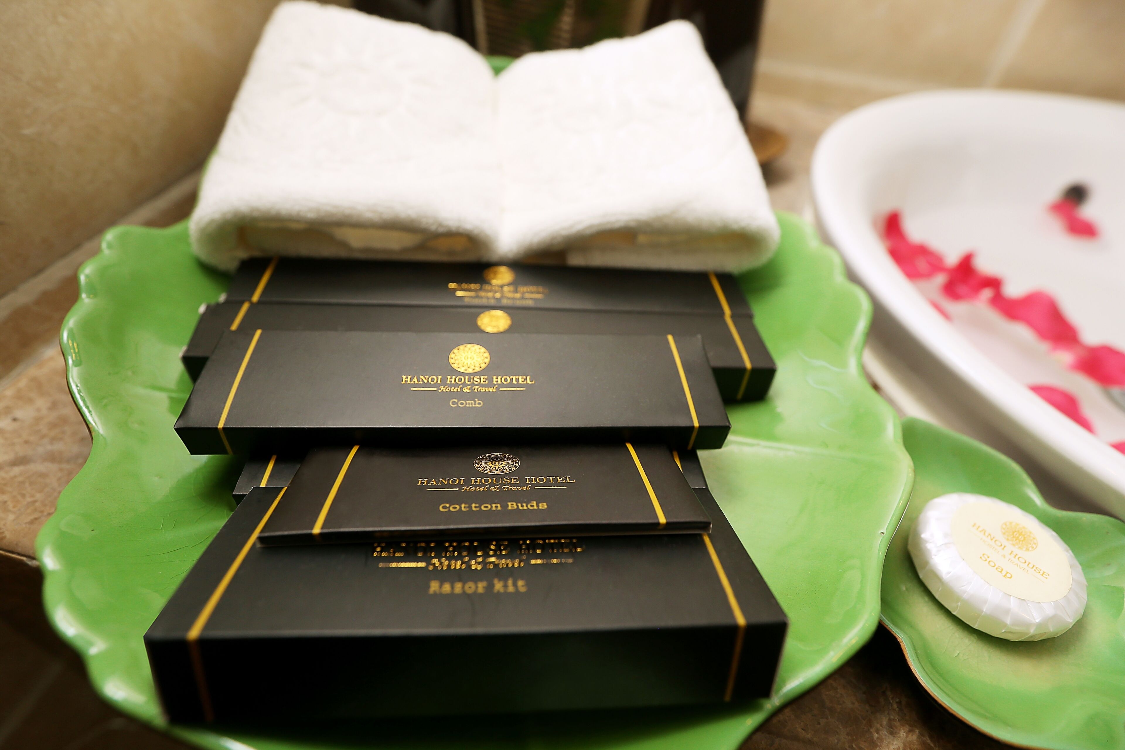 free toiletries, hair dryer, slippers, towels