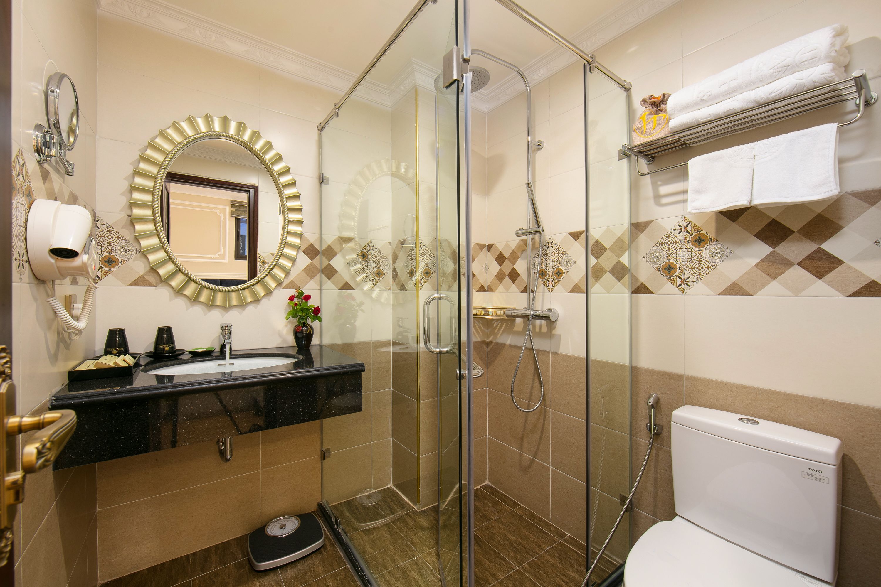 bathtub, free toiletries, hair dryer, bathrobes