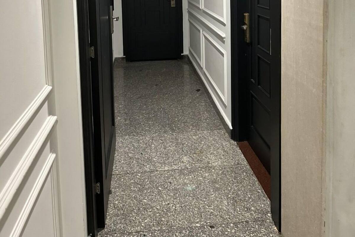 A narrow hallway with a polished stone floor, white walls, and dark wooden doors.