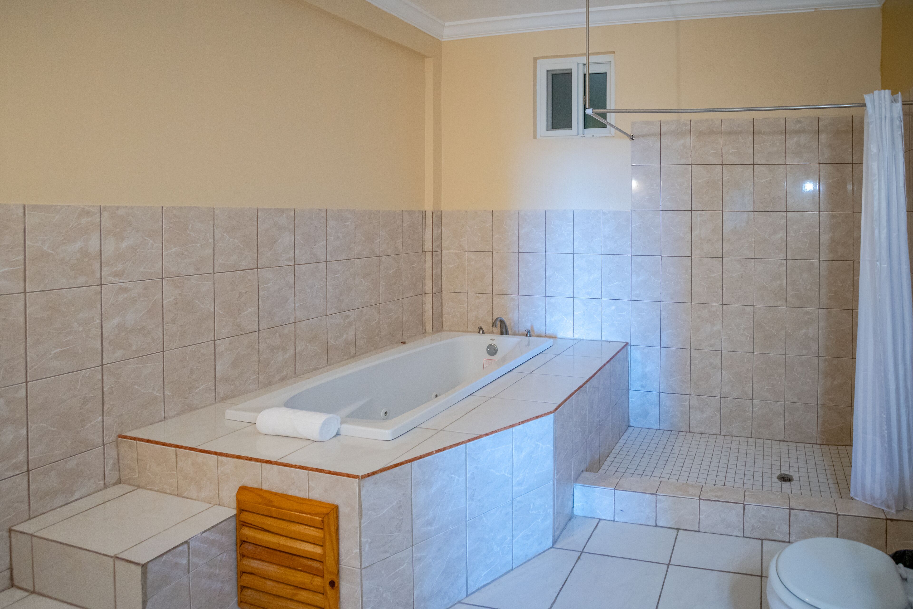 separate bathtub and shower, free toiletries, hair dryer, towels