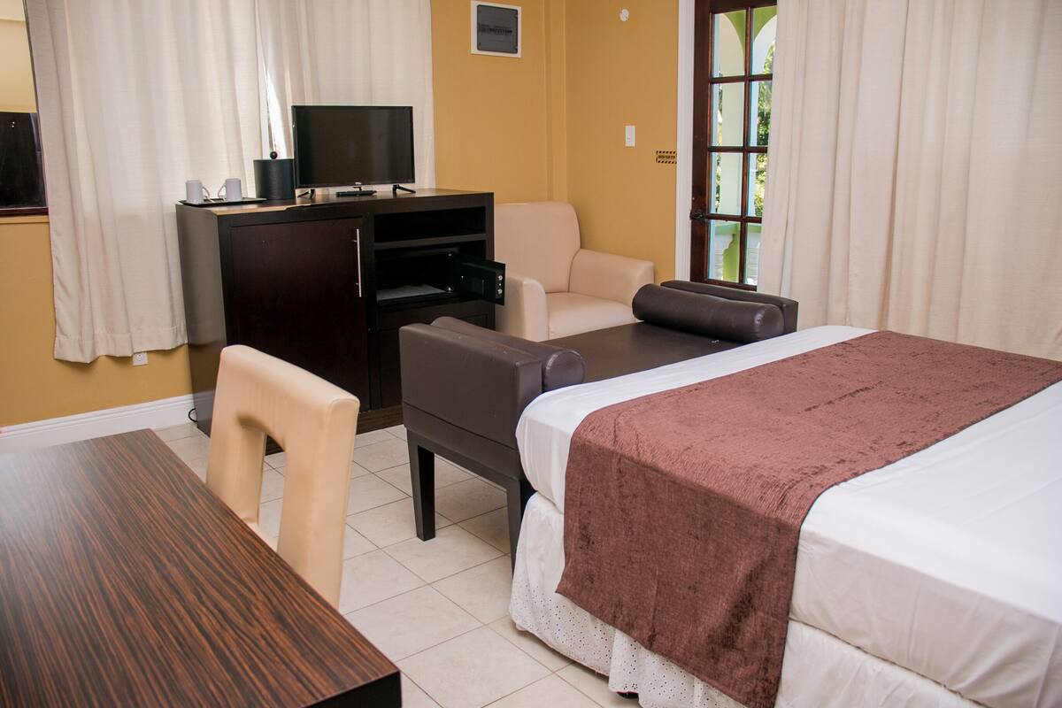 Una habitación de hotel con cama, escritorio con computadora, silla, sofá y televisión.