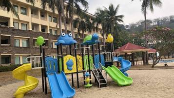 Kids can play and climb in this vibrant outdoor play area.