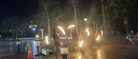 Escena nocturna al aire libre con palmeras y una zona pavimentada.