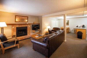 Condo, 1 Bedroom | Living area | Flat-screen TV, fireplace, DVD player