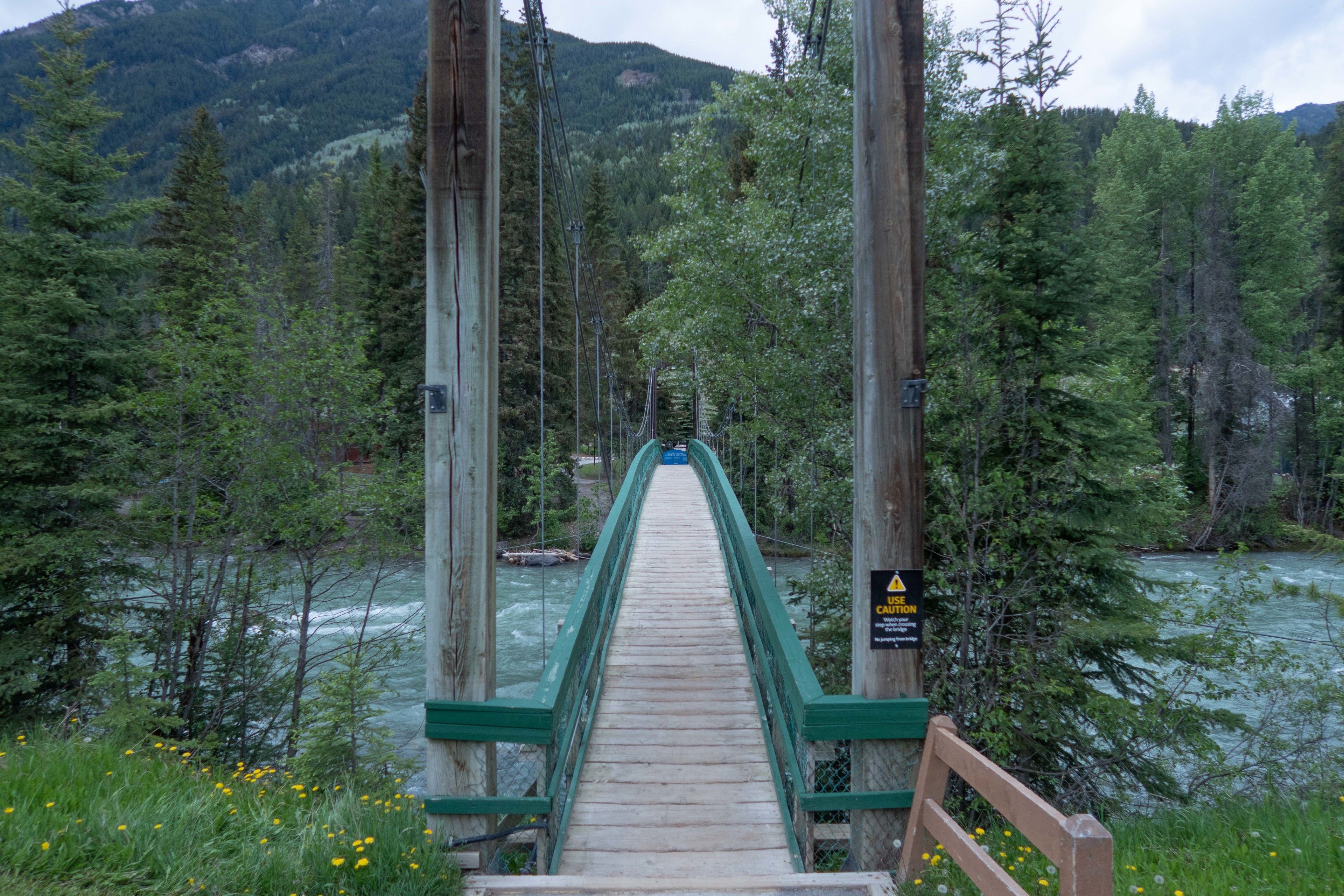 Un puente de madera con barandales verdes que da a un río rodeado de árboles y montañas.