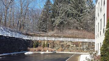 A frozen outdoor area with a stone wall and a white fence, surrounded by snow-covered trees and a building.