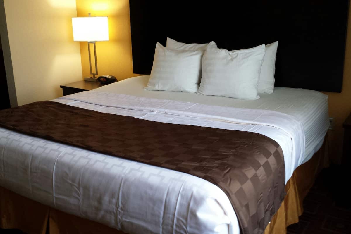 A neatly made bed with a white and brown bedspread, a black headboard, and two white pillows. There is a bedside lamp on the left side of the bed.