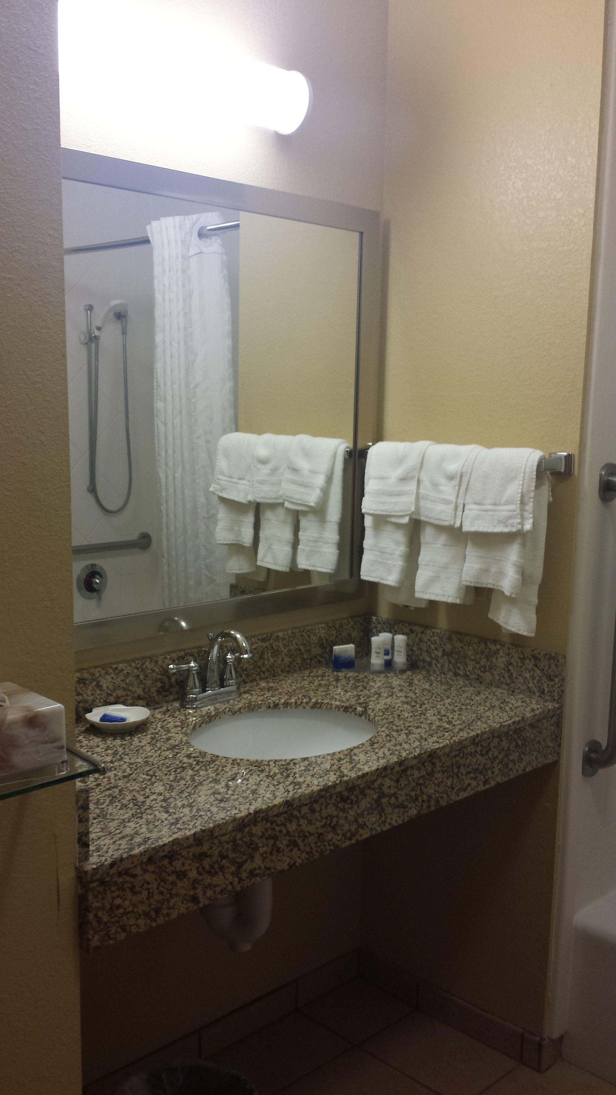 combined shower/bathtub, free toiletries, hair dryer, towels