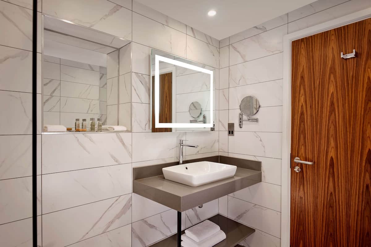 deluxe room, 1 king bed | bathroom | shower, free toiletries, hair dryer, towels