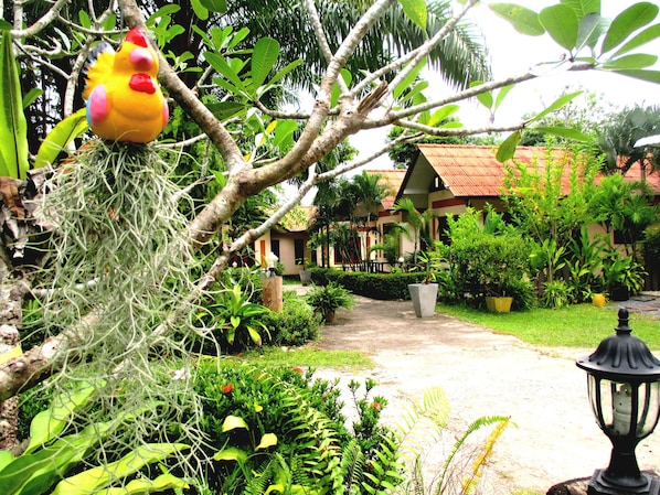 A garden with a pathway leading to a building with a red roof. There are various plants and a decorative bird hanging from a tree branch.