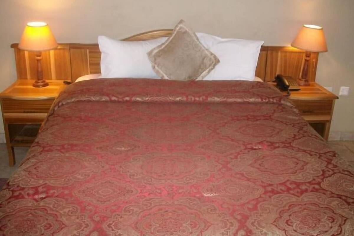 Una cama bien hecha con una colcha estampada, dos lámparas de noche y una mesita de noche con un teléfono y un objeto pequeño encima.
