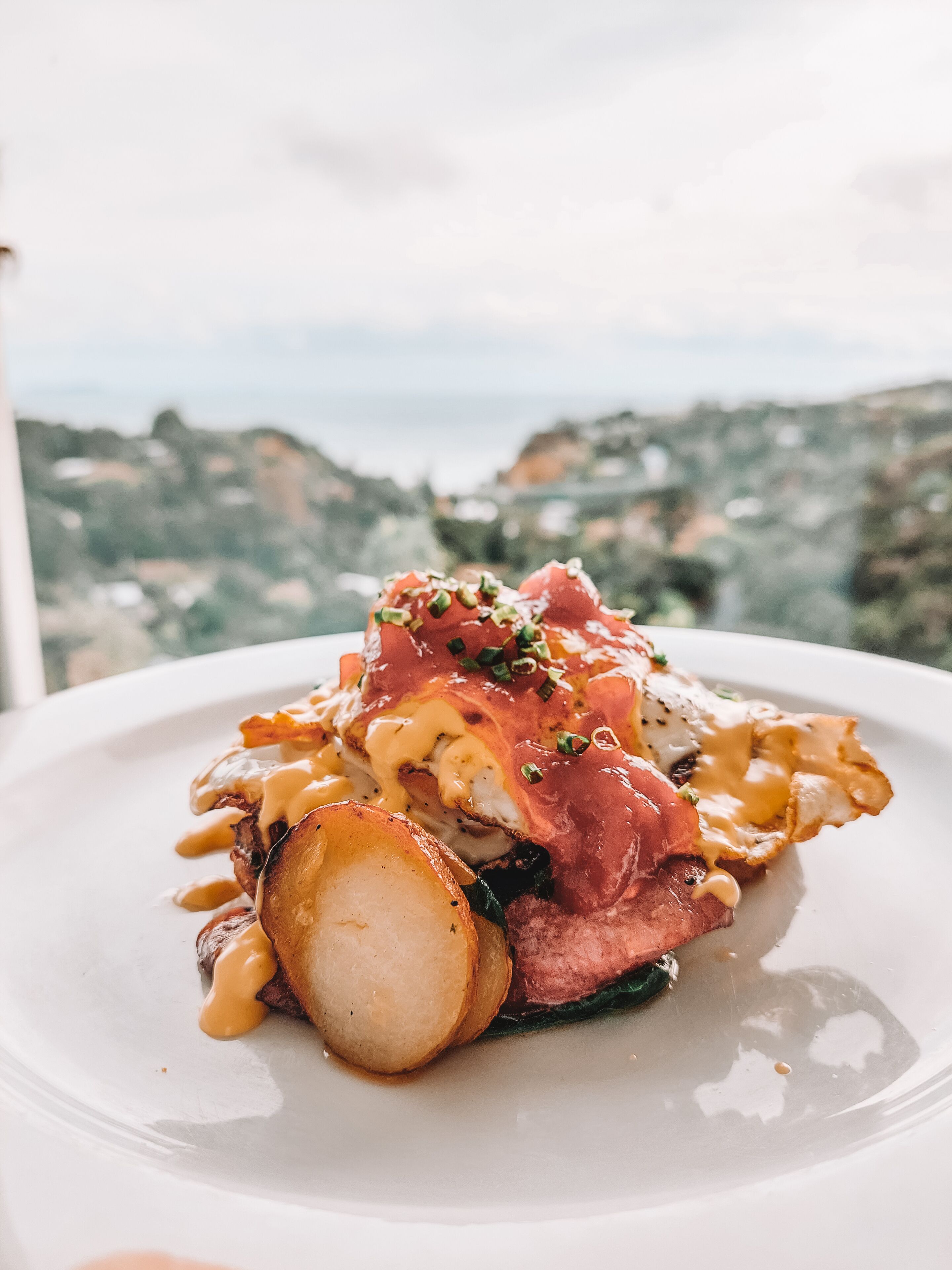 Une assiette remplie de nourriture, avec en arrière-plan une vue sur le paysage urbain.