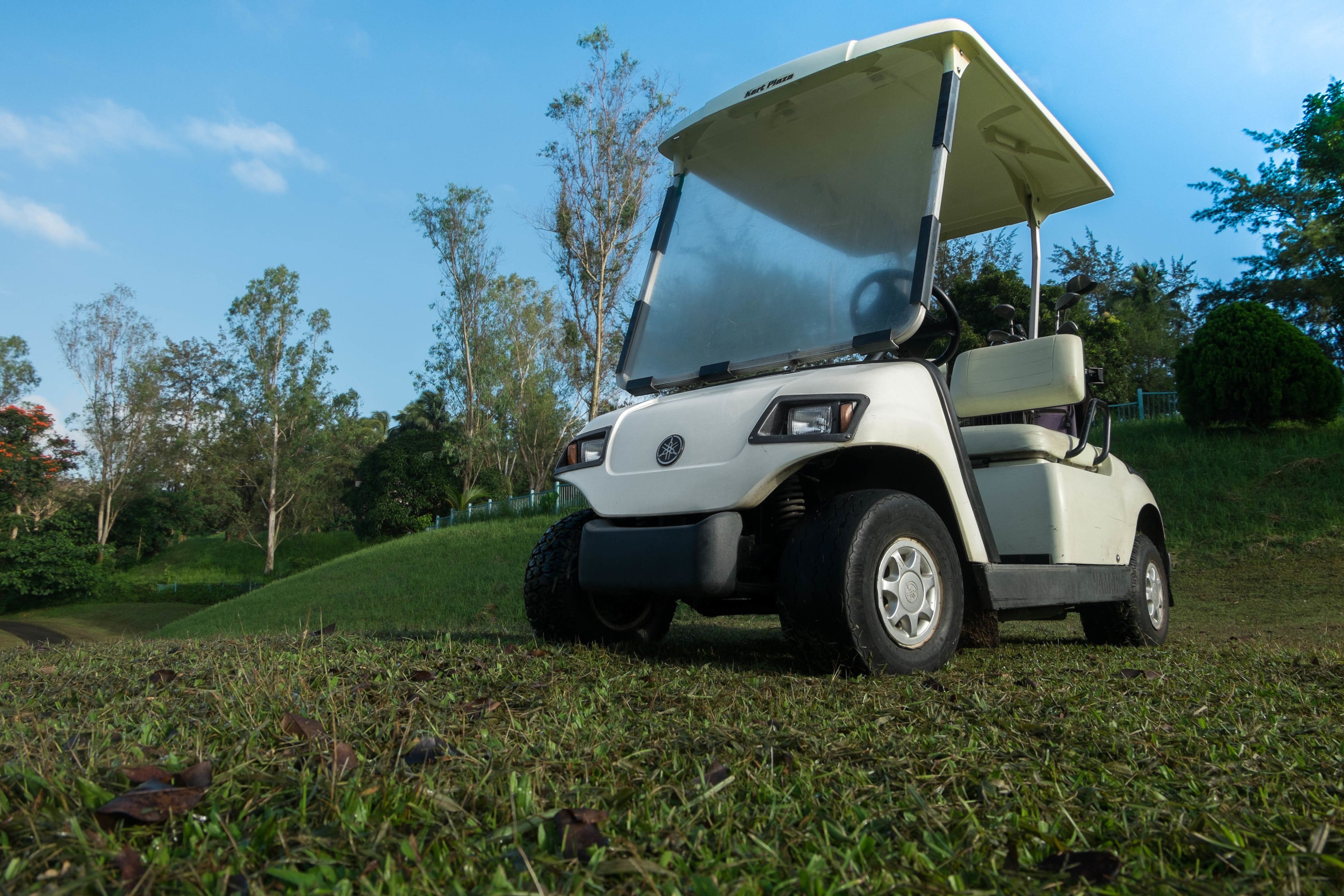 Un carro de golf estacionat a una zona verda amb arbres al fons.