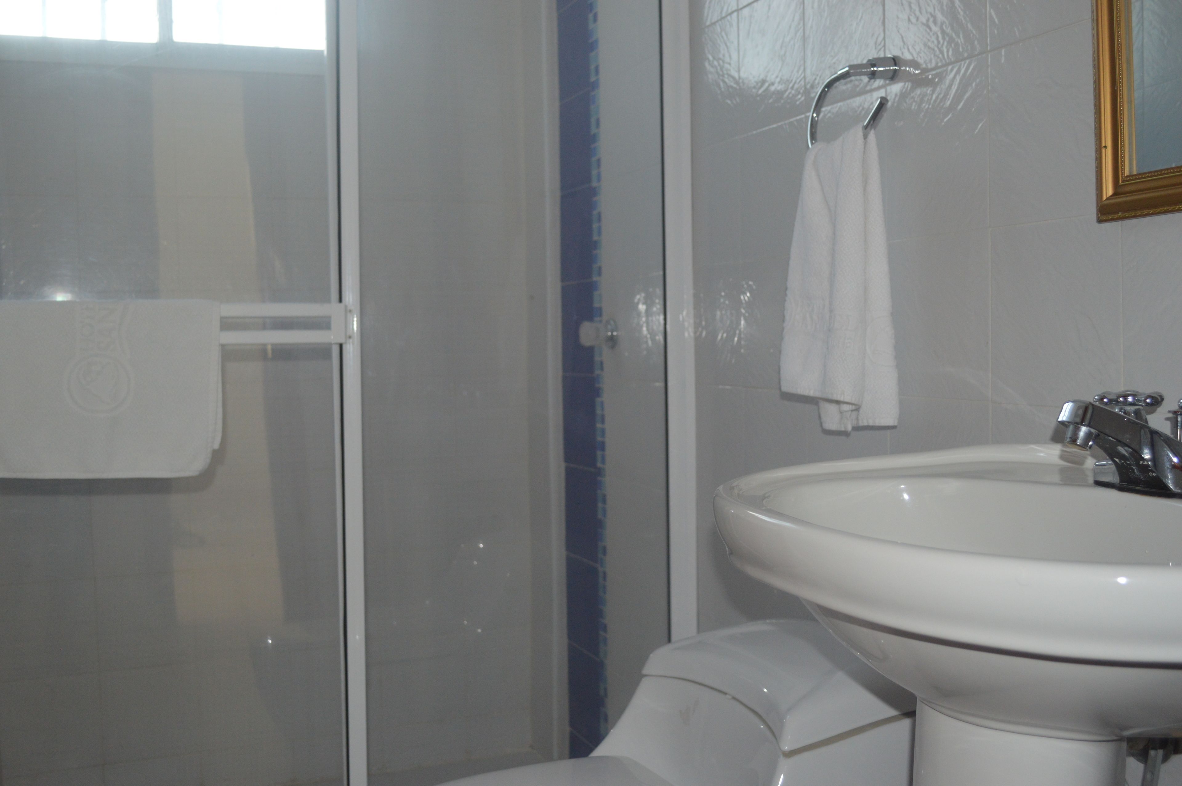 Een badkamer met een glazen douchecabine, een witte wastafel en een handdoek aan een rek.