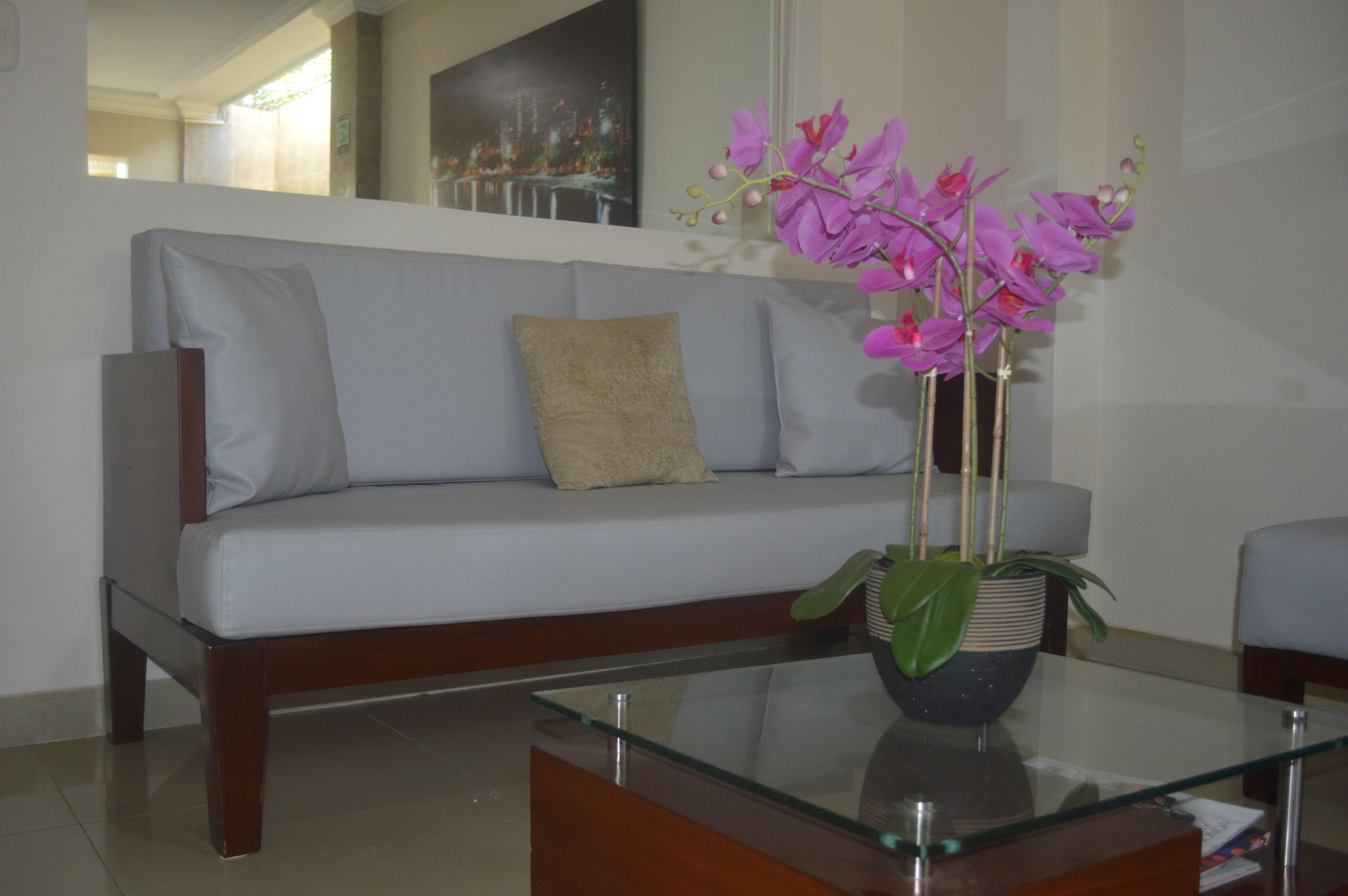 A modern living room with a grey sofa, a glass coffee table, and a potted orchid plant.